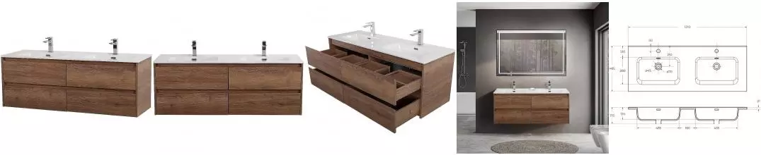 Тумба с раковиной «Belbagno» Kraft 120 (BB1200-2-ETL двойная) подвесная Rovere Tabacco