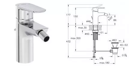 Смеситель для биде «Vitra» Flow Soft A43054EXP с донным клапаном хром