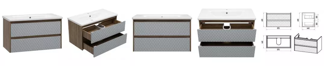 Тумба с раковиной «Brevita» Chester 90 (Soft 90) подвесная серый/дуб Чарльстон тёмно-коричневый