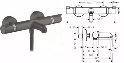 Смеситель для ванны «Hansgrohe» Ecostat Comfort 13114340 с термостатом шлифованный чёрный хром