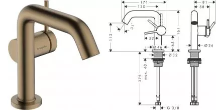 Смеситель для раковины «Hansgrohe» Tecturis S 73320140 с донным клапаном шлифованная бронза