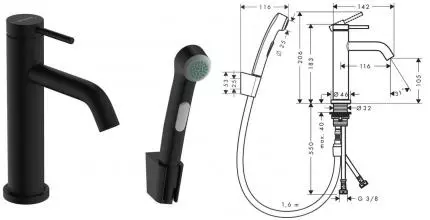 Смеситель для раковины с гигиеническим душем «Hansgrohe» Tecturis S 73211670 чёрный матовый Смеситель для раковины с гигиеническим душем «Hansgrohe» Tecturis S 73211670 чёрный матовый