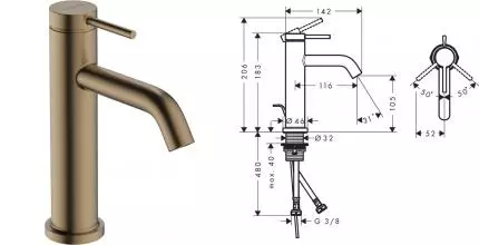 Смеситель для раковины «Hansgrohe» Tecturis S 73310140 с донным клапаном шлифованная бронза