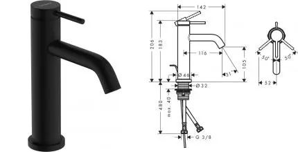 Смеситель для раковины «Hansgrohe» Tecturis S 73310670 с донным клапаном чёрный матовый
