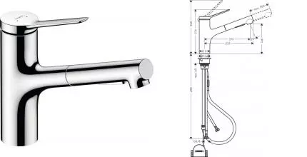 Смеситель для кухонной мойки «Hansgrohe» Zesis M33 74803000 с выдвижным изливом хром