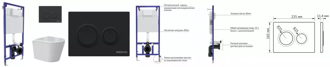 Комплект инсталляция с унитазом, крышкой и кнопкой смыва «Berges Wasserhaus» Novum Vita Rimless безободковый