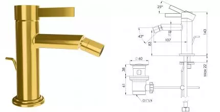 Смеситель для биде «Remer» Metrica MC20BG с донным клапаном брашированное золото