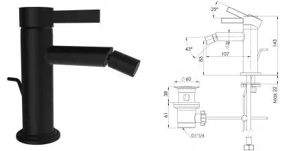 Смеситель для биде «Remer» Metrica MC20NO с донным клапаном чёрный матовый