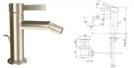 Смеситель для биде «Remer» Metrica MC20XV с донным клапаном сталь