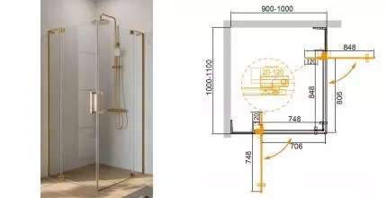Душевой угол-ограждение «Cezares» SLIDER-AH-2-90/100-100/110-C-BORO 100/110 прозрачный/брашированное золото прямоугольный без поддона Душевой угол-ограждение «Cezares» SLIDER-AH-2-90/100-100/110-C-BORO 100/110 прозрачный/брашированное золото прямоугольный без поддона
