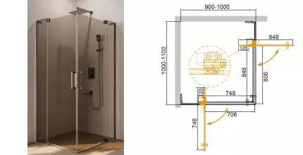 Душевой угол-ограждение «Cezares» SLIDER-AH-2-90/100-100/110-BR-GM 100/110 бронза/оружейная сталь прямоугольный без поддона