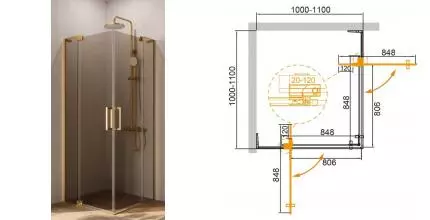 Душевой угол-ограждение «Cezares» SLIDER-A-2-100/110-BR-BORO 110/110 бронза/брашированное золото квадратный без поддона Душевой угол-ограждение «Cezares» SLIDER-A-2-100/110-BR-BORO 110/110 бронза/брашированное золото квадратный без поддона
