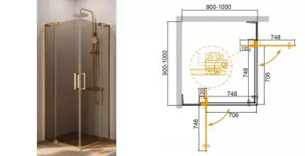 Душевой угол-ограждение «Cezares» SLIDER-A-2-90/100-BR-BORO 100/100 бронза/брашированное золото квадратный без поддона Душевой угол-ограждение «Cezares» SLIDER-A-2-90/100-BR-BORO 100/100 бронза/брашированное золото квадратный без поддона