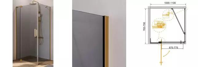 Душевой угол-ограждение «Cezares» SLIDER-AH-1-80-100/110-GRIGIO-BORO 80/110 тонированный/брашированное золото прямоугольный без поддона универсальный