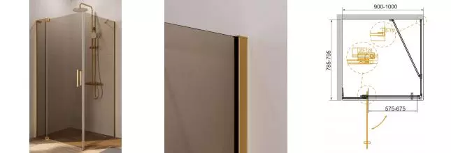 Душевой угол-ограждение «Cezares» SLIDER-AH-1-80-90/100-BR-BORO 80/100 бронза/брашированное золото прямоугольный без поддона универсальный