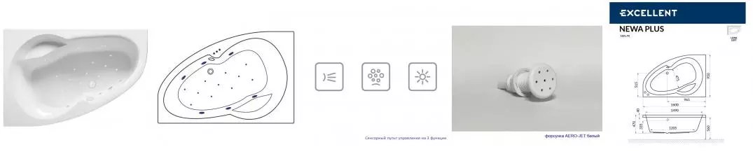 Гидромассажная ванна акриловая «Excellent» Newa 160/95 Relax с каркасом с сифоном белая левая Гидромассажная ванна акриловая «Excellent» Newa 160/95 Relax с каркасом с сифоном белая левая