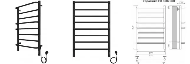 Электрический полотенцесушитель «Terminus» Евромикс П8 53/80 чёрный муар правый