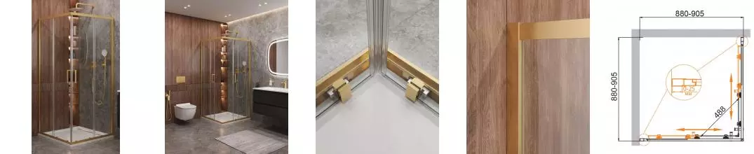 Душевой угол-ограждение «Cezares» MOLVENO-A-2-90-C-BORO-IV 90/90 прозрачный/брашированное золото квадратный без поддона