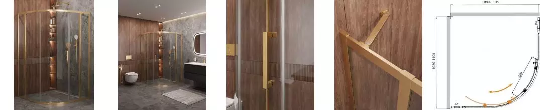 Душевой угол-ограждение «Cezares» MOLVENO-R-11-90 20-C-BORO-IV 110/110 прозрачный/брашированное золото четверть круга без поддона универсальный