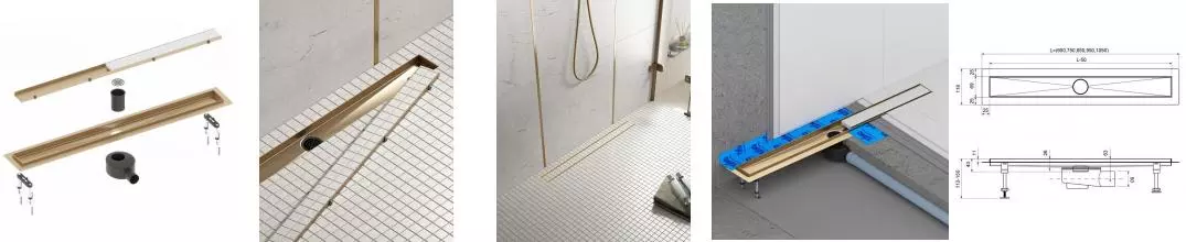 Душевой лоток «Timo» Drain System 900 DS230209/17 боковой выпуск под плитку/матовое золото Душевой лоток «Timo» Drain System 900 DS230209/17 боковой выпуск под плитку/матовое золото