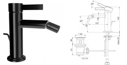 Смеситель для биде «Remer» Metrica MC20CFP с донным клапаном брашированный чёрный хром