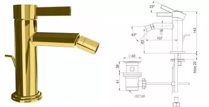 Смеситель для биде «Remer» Metrica MC20DO с донным клапаном золото Смеситель для биде «Remer» Metrica MC20DO с донным клапаном золото