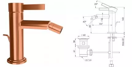 Смеситель для биде «Remer» Metrica MC20RP с донным клапаном брашированная медь