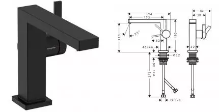 Смеситель для раковины «Hansgrohe» Tecturis E 73020670 с донным клапаном чёрный матовый Смеситель для раковины «Hansgrohe» Tecturis E 73020670 с донным клапаном чёрный матовый