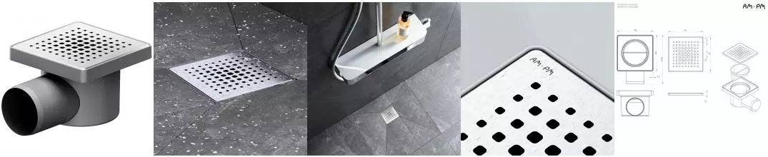 Трап для душа «Am.Pm» PrimeFlow 100/100 W02BD-P11-010-01SB мокрый затвор Cut Gradient боковой выпуск матовая сталь 