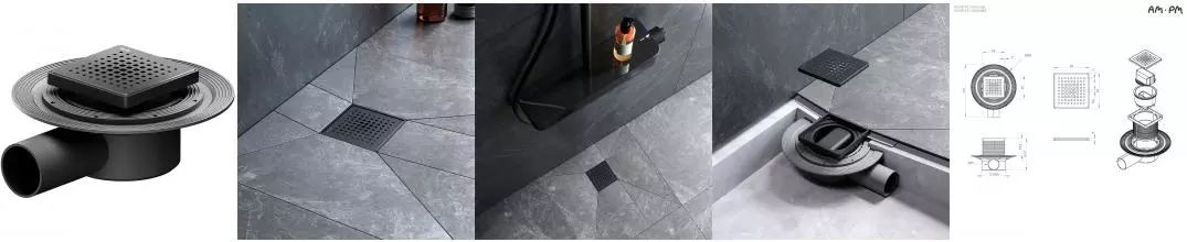 Трап для душа «Am.Pm» MasterFlow 100/100 W01BD-P11-010-01BM универсальный затвор Cut Gradient боковой выпуск чёрный матовый Трап для душа «Am.Pm» MasterFlow 100/100 W01BD-P11-010-01BM универсальный затвор Cut Gradient боковой выпуск чёрный матовый