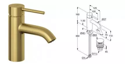Смеситель для раковины «Kludi» Bozz 38266N076 с донным клапаном брашированное золото Смеситель для раковины «Kludi» Bozz 38266N076 с донным клапаном брашированное золото