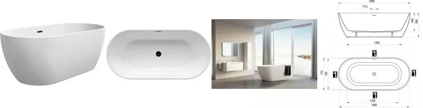 Ванна акриловая «Ravak» Freedom O Tec 170/77 слив-перелив чёрный с ножками с сифоном белая