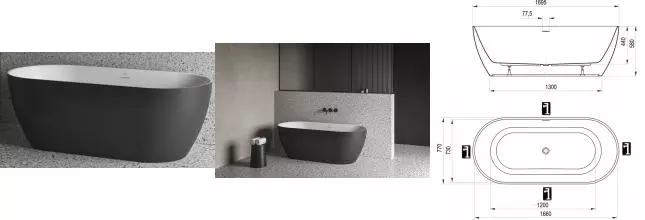 Ванна акриловая «Ravak» Freedom O Tec 170/77 слив-перелив чёрный с ножками с сифоном белая/чёрная