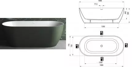 Ванна акриловая «Ravak» Freedom O Tec 170/77 слив-перелив белый с ножками с сифоном белая/серо-зелёная