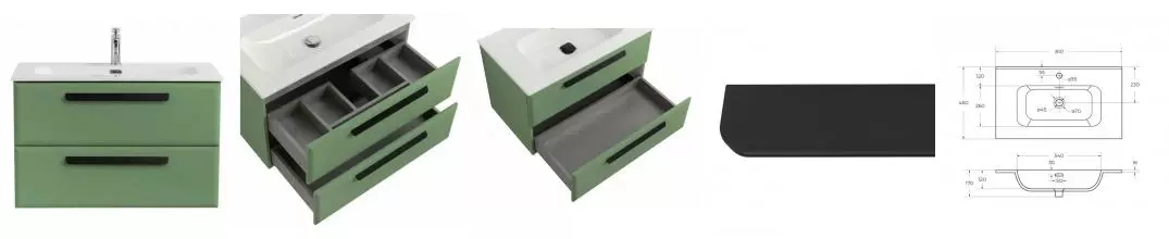 Тумба с раковиной «Cezares» Eco-cer-n 80 (CZR-8095-80) подвесная Фисташковый Софт/ручка чёрная матовая