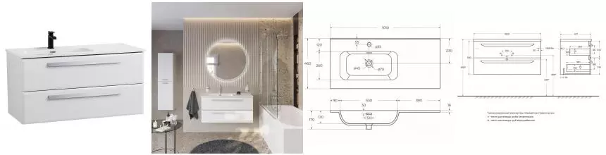 Тумба с раковиной «Cezares» Eco-cer-n 100 с 2 ящиками (CZR-8095-100-L) подвесная Bianco Lucido/ручка сатин левая