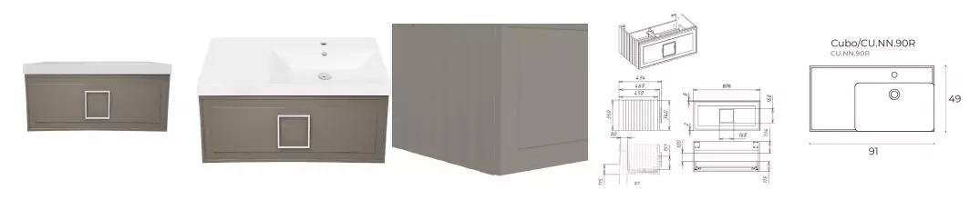 Тумба с раковиной «La Fenice» Cubo 90 (Cubo 90 правая) подвесная Cappuccino ручки Bianco