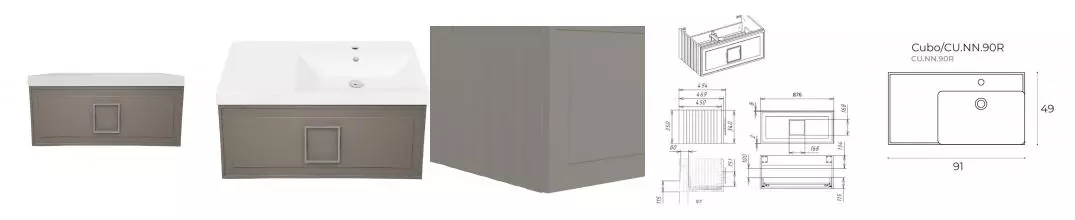 Тумба с раковиной «La Fenice» Cubo 90 (Cubo 90 правая) подвесная Cappuccino ручки Cromo