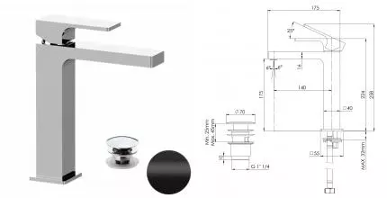 Смеситель для раковины «Remer» Absolute AU10ACCNO с донным клапаном чёрный матовый Смеситель для раковины «Remer» Absolute AU10ACCNO с донным клапаном чёрный матовый
