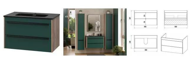 Тумба с раковиной «Brevita» Greenwood 80 (9080MMB 80) подвесная зелёная/дуб галифакс олово