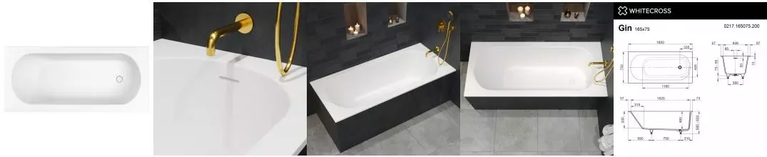 Ванна из искусственного камня «Whitecross» Gin 165/75 с ножками с сифоном белая матовая