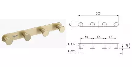 Планка с крючками «Raglo» R300.054.03 на стену матовое золото