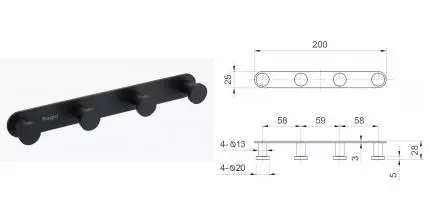 Планка с крючками «Raglo» R300.054.06 на стену чёрная матовая