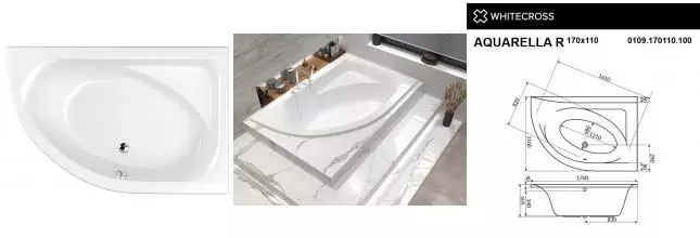 Ванна акриловая «Whitecross» Aquarella 170/110 без опор без сифона белая правая Ванна акриловая «Whitecross» Aquarella 170/110 без опор без сифона белая правая
