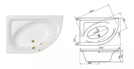 Гидромассажная ванна акриловая «Whitecross» Aquarella 170/110 Nano с каркасом с сифоном белая/золото левая