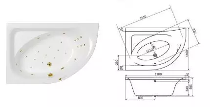 Гидромассажная ванна акриловая «Whitecross» Aquarella 170/110 Ultra с каркасом с сифоном белая/золото левая