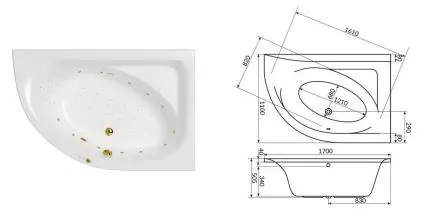 Гидромассажная ванна акриловая «Whitecross» Aquarella 170/110 Nano с каркасом с сифоном белая/золото правая