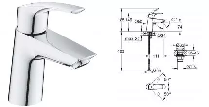 Смеситель для раковины «Grohe» Eurosmart 23968003 с донным клапаном хром Смеситель для раковины «Grohe» Eurosmart 23968003 с донным клапаном хром