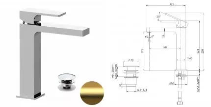 Смеситель для раковины «Remer» Absolute AU10ACCBG с донным клапаном брашированное золото