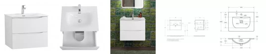 Тумба с раковиной «Belbagno» Marino-cer-n 60 с 2 ящиками (BB-8099-60 61/46) подвесная Bianco Lucido